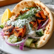 Juicy Grilled Salmon Gyros with Dill Yogurt Sauce
