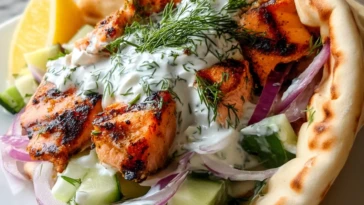 Juicy Grilled Salmon Gyros with Dill Yogurt Sauce
