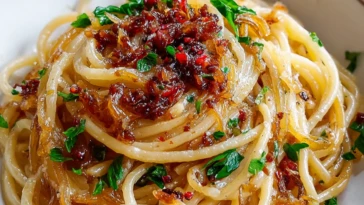 Caramelized Onion Pasta with Chilli Oil