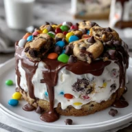 Decadent Chocolate M&M's and Chocolate Chip Cookie Dough Ice Cream Cake