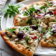 Simple Mediterranean Chicken Flatbread Pizza
