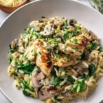 One Pan Creamy Spinach Mushroom Orzo with Chicken