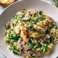 One Pan Creamy Spinach Mushroom Orzo with Chicken