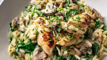 One Pan Creamy Spinach Mushroom Orzo with Chicken