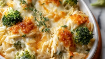 Creamy Cheesy Chicken Broccoli Orzo Bake