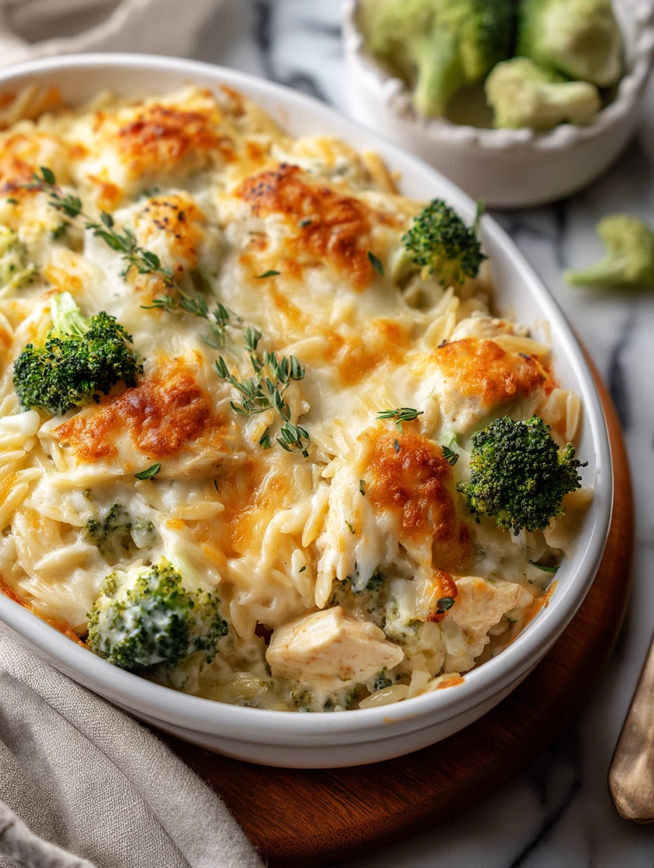 Creamy Cheesy Chicken Broccoli Orzo Bake