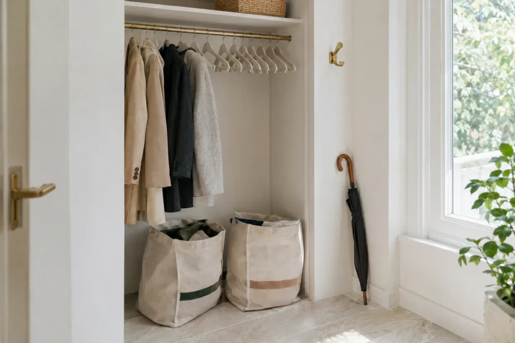 Entry closet halfway decluttered with coats on slim hangers and donation bags