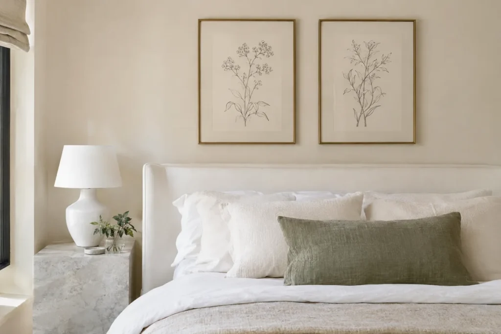 Two matching botanical prints in brass frames hung above a bed