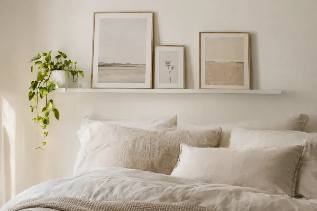 Slim picture ledge with leaning neutral art prints above a bed