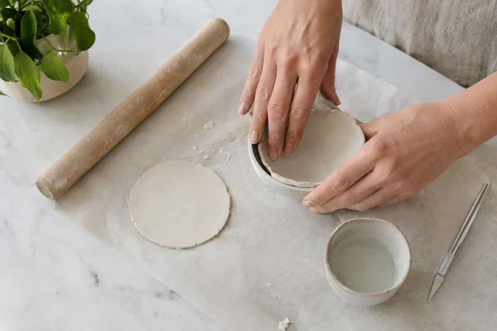 Hands shaping air dry clay into a shallow dish using a small bowl