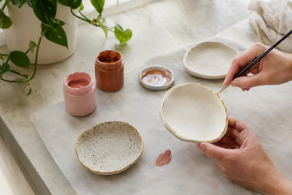 Painting a gold rim on a handmade air dry clay trinket dish