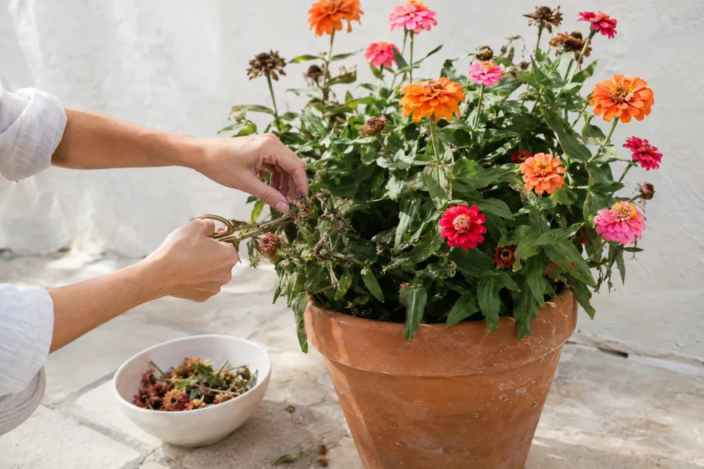 Hands deadheading zinnias in a sunny terracotta pot