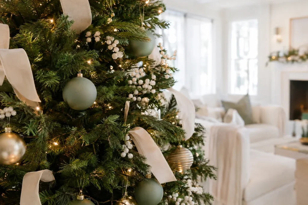 Close up of sage, cream and gold ornaments on a lit Christmas tree