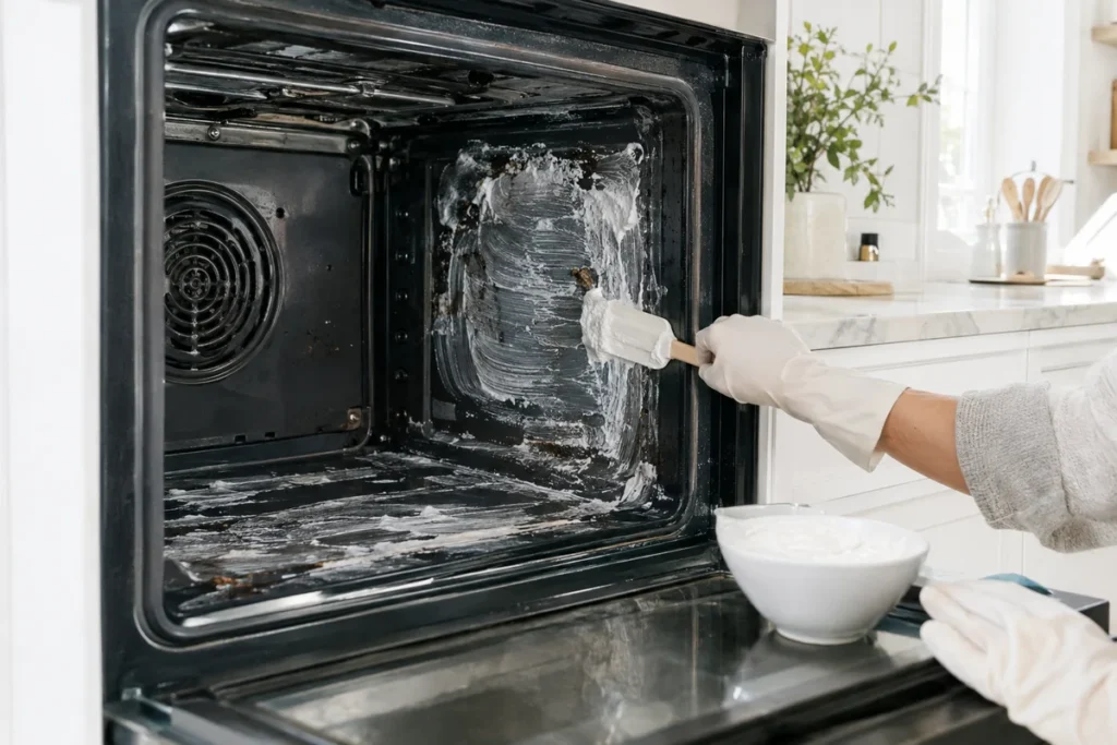 Gloved hands spreading baking soda paste inside an empty oven