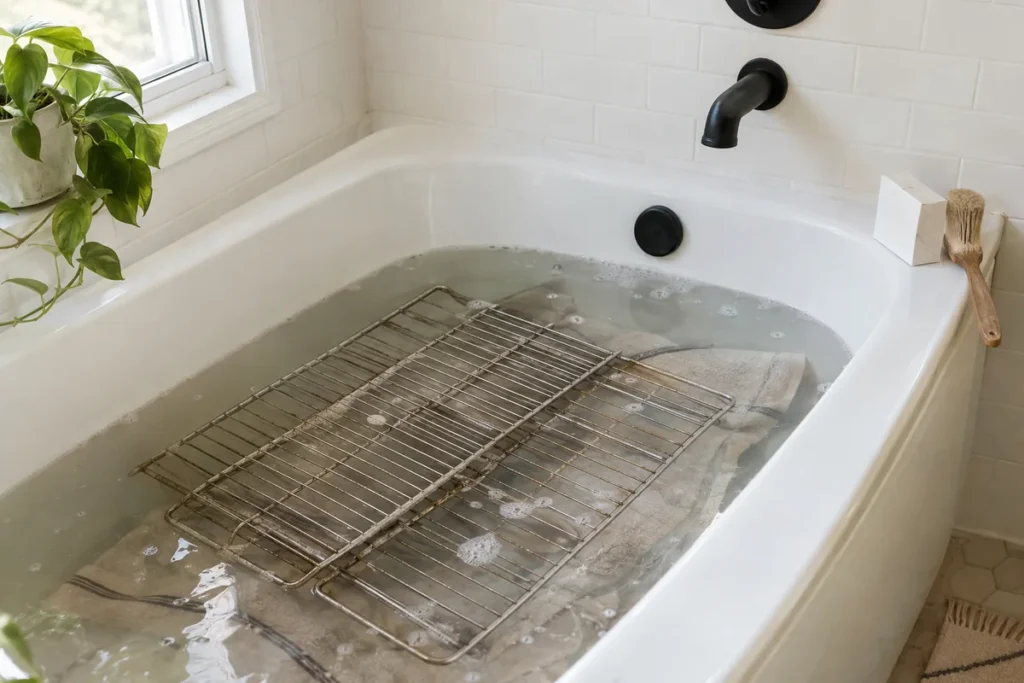 Oven racks soaking in a bathtub of warm water and baking soda