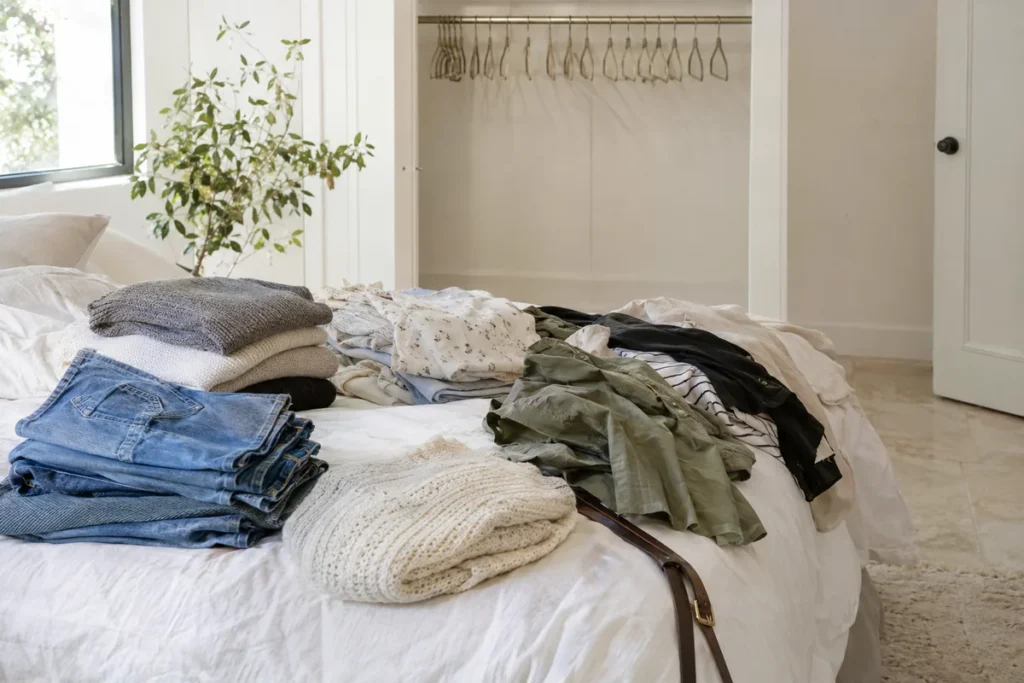 Clothes pulled from a closet and sorted into piles on a white bed