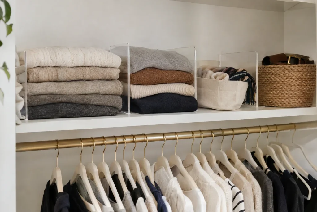 Closet shelf with acrylic dividers and neat stacks of folded sweaters