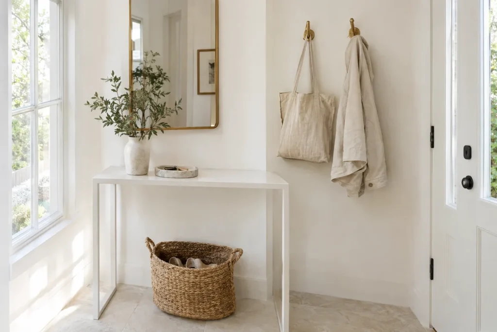 Entryway drop zone with key tray, shoe basket and brass wall hooks