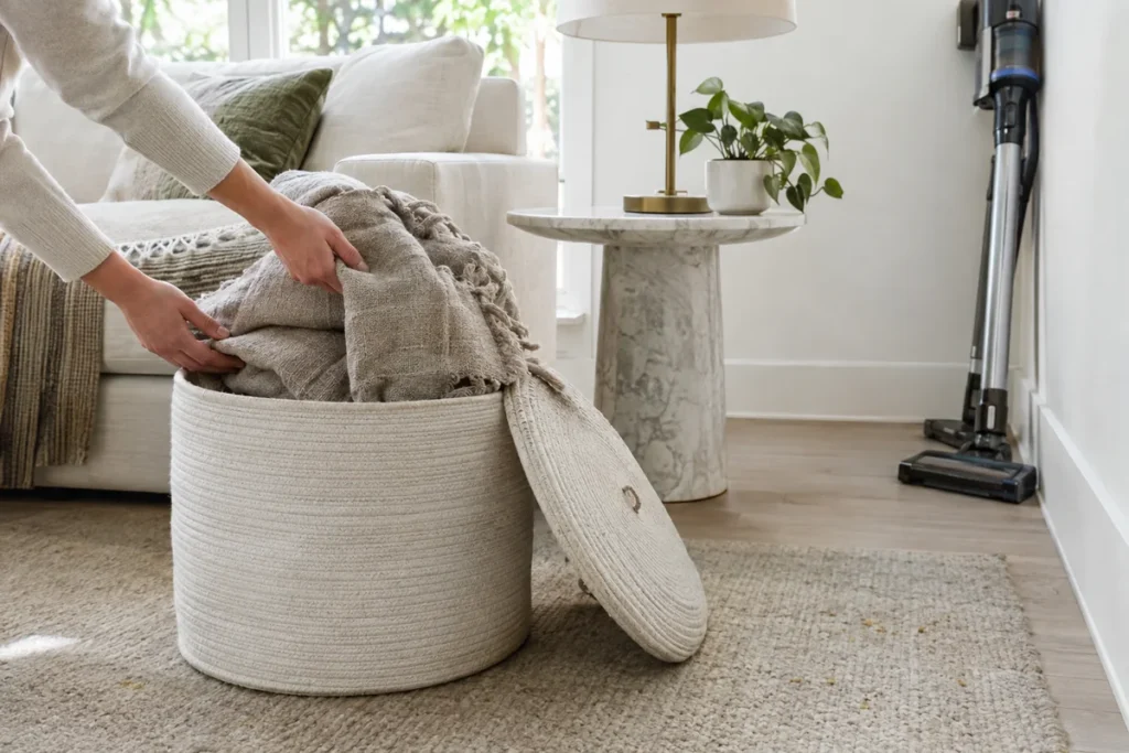 Hands tidying a living room during a weekly reset routine