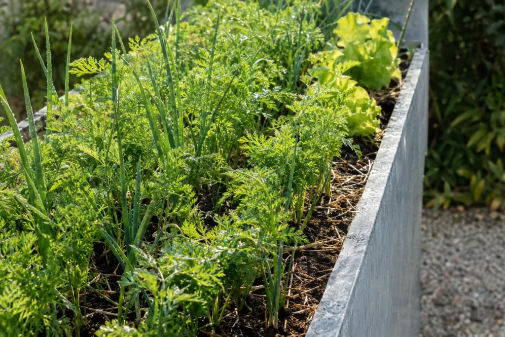 Carrots and onions growing in alternating rows in a raised bed