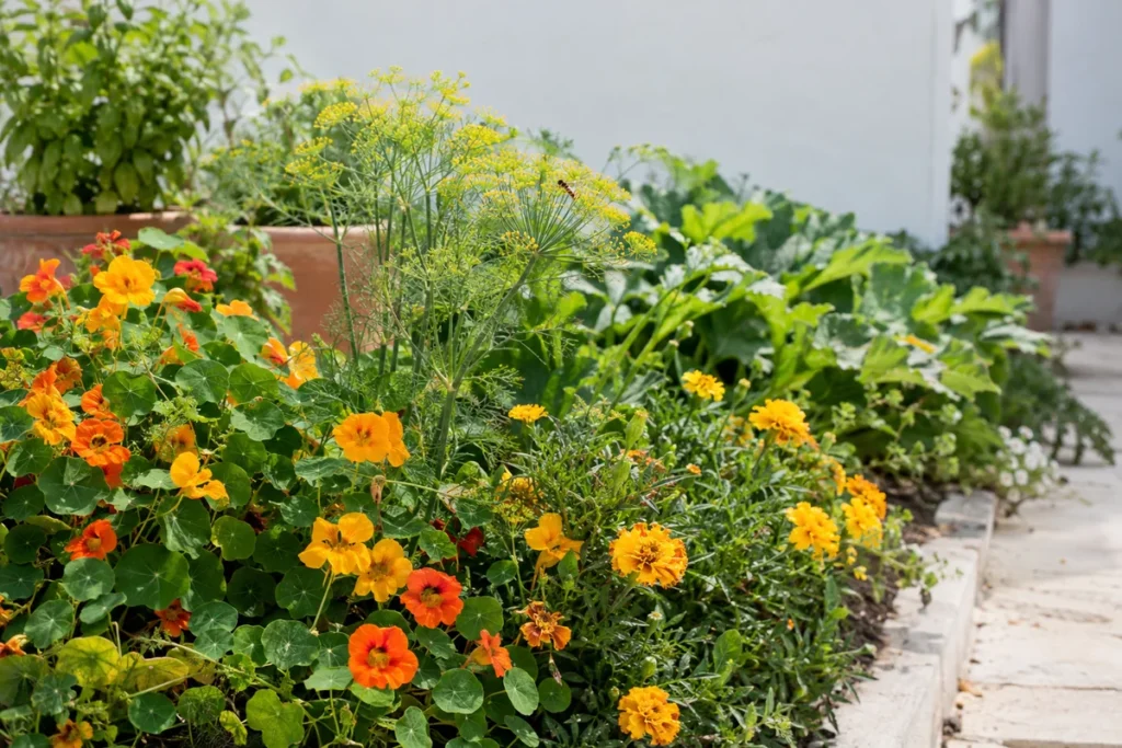 Nasturtiums, marigolds and dill flowering at the edge of a vegetable bed
