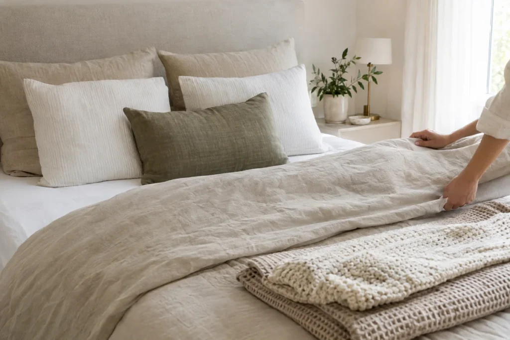Hands smoothing layered linen and knit bedding in soft neutral colors