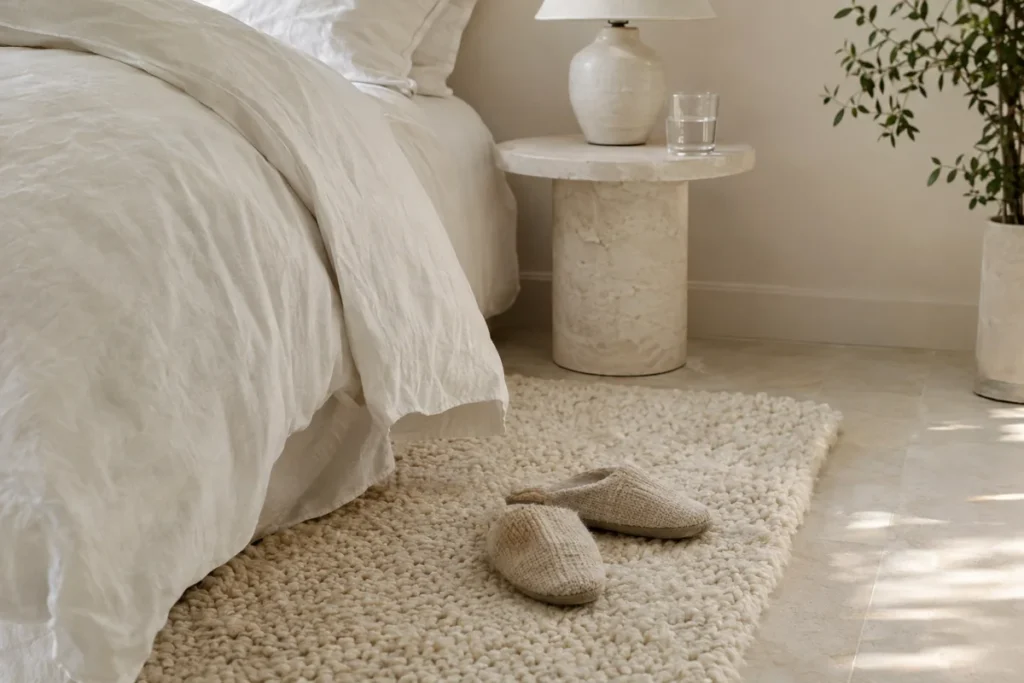 Thick cream wool rug beside a bed with knit slippers and a lamp