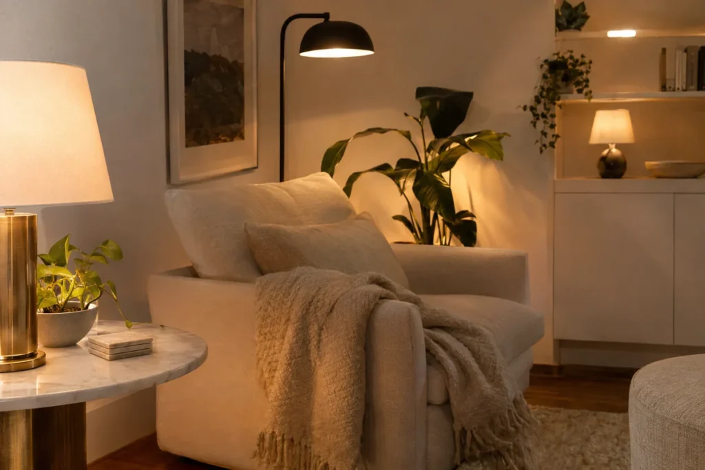 Living room corner glowing with warm layered lamps in the evening