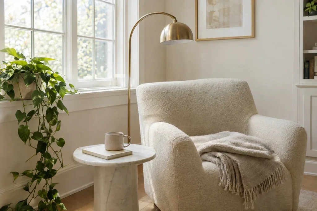 Cozy reading nook with a cream armchair, floor lamp and throw by a window