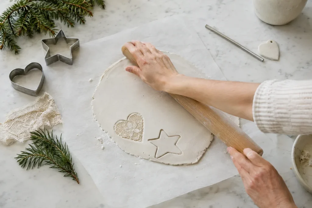 Hands rolling and cutting white air dry clay ornaments with cookie cutters