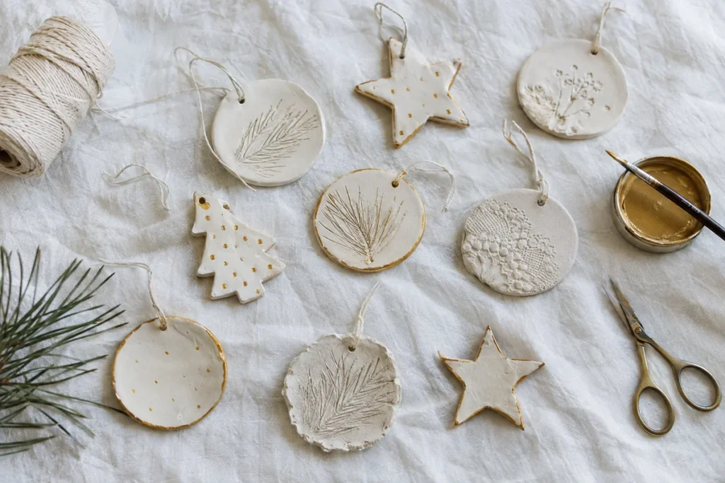 Finished white clay Christmas ornaments with gold edges and leaf imprints on linen