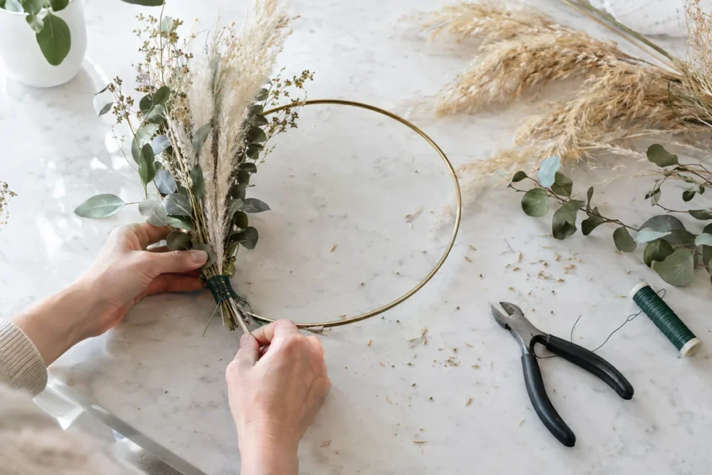 Hands wiring dried eucalyptus and grasses onto a brass hoop for a fall wreath