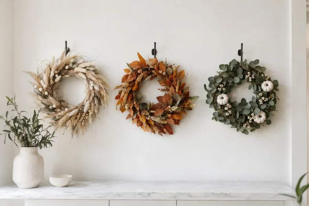 Three different modern fall hoop wreaths hanging on a bright white wall