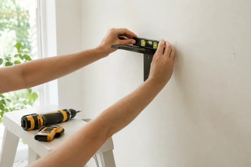 Hands leveling a hidden floating shelf bracket on a white wall