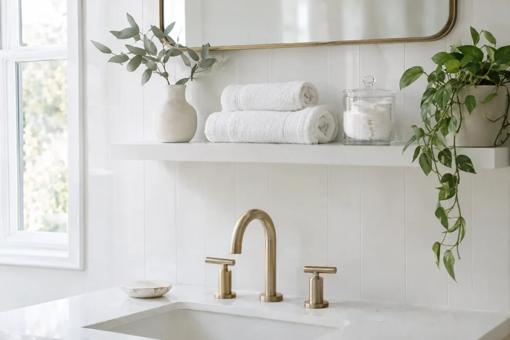 White floating shelf styled with towels and plants above a bathroom vanity