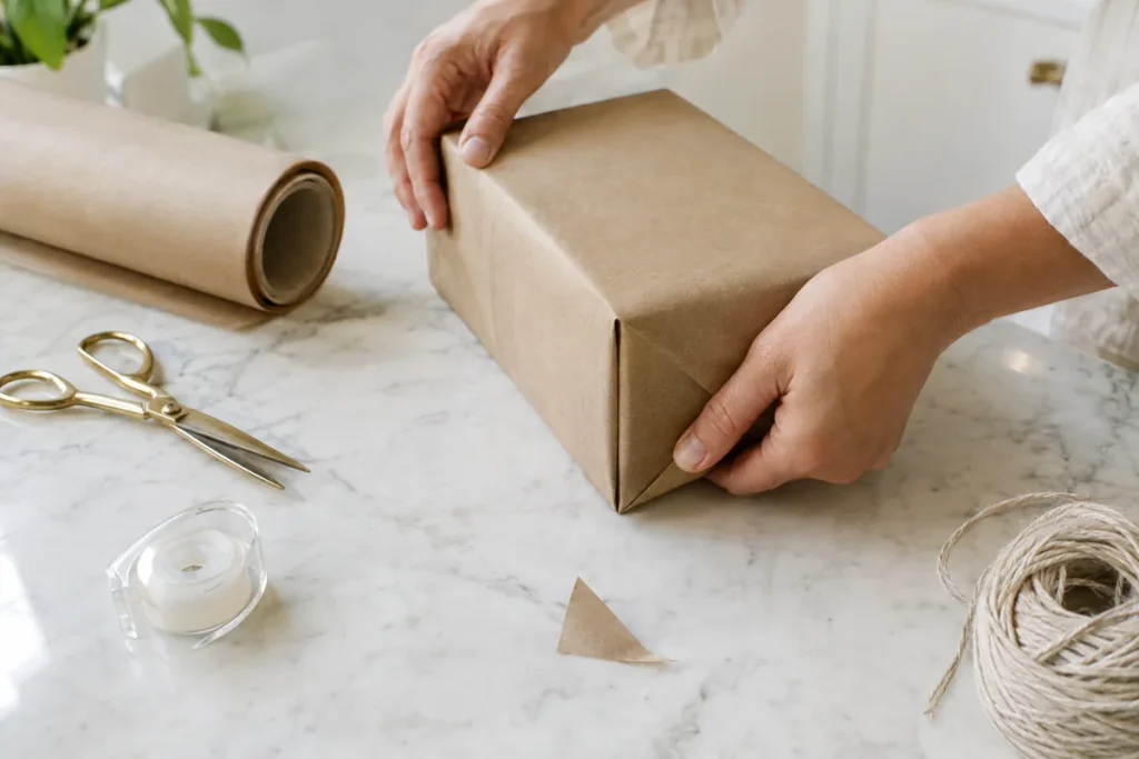 Hands folding kraft paper neatly around a gift box on a marble table
