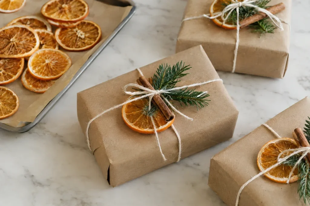 Kraft paper gifts topped with dried orange slices, cinnamon and fir sprigs