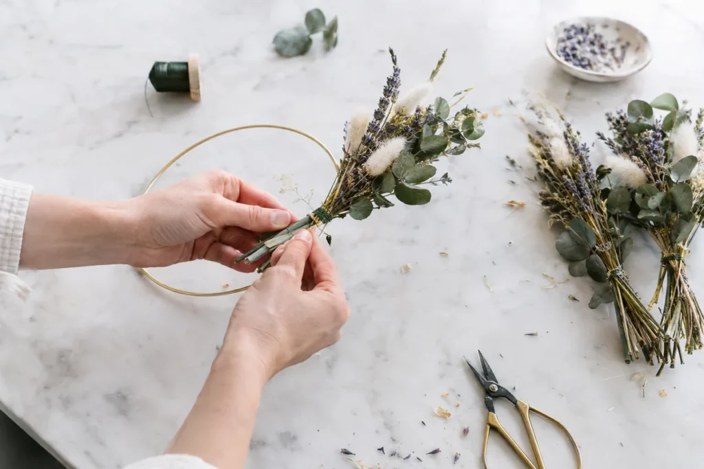 Hands wiring a bundle of dried flowers onto a gold metal wreath hoop