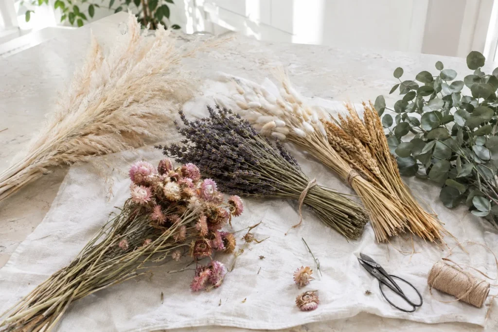 Bunches of dried pampas, lavender, strawflowers and eucalyptus ready for a wreath