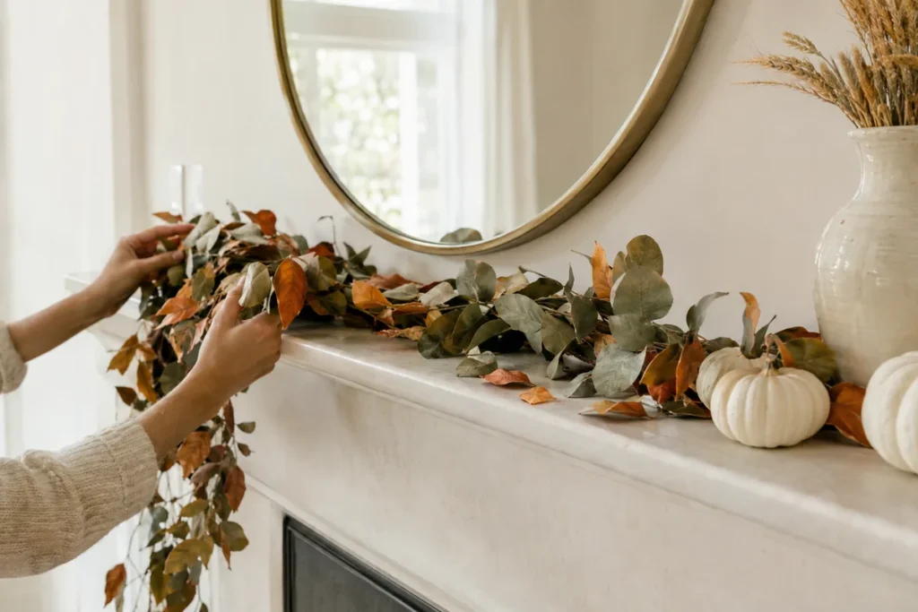 Hands draping a dried eucalyptus and leaf garland along a white fall mantel