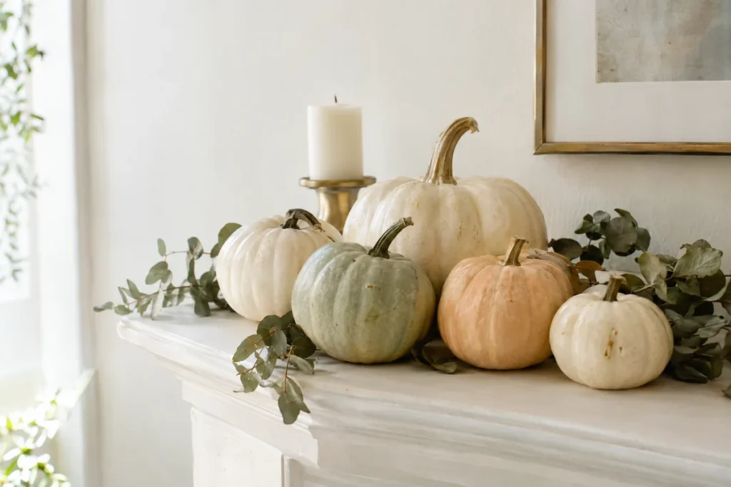Cluster of white, sage and peach pumpkins on a modern white mantel