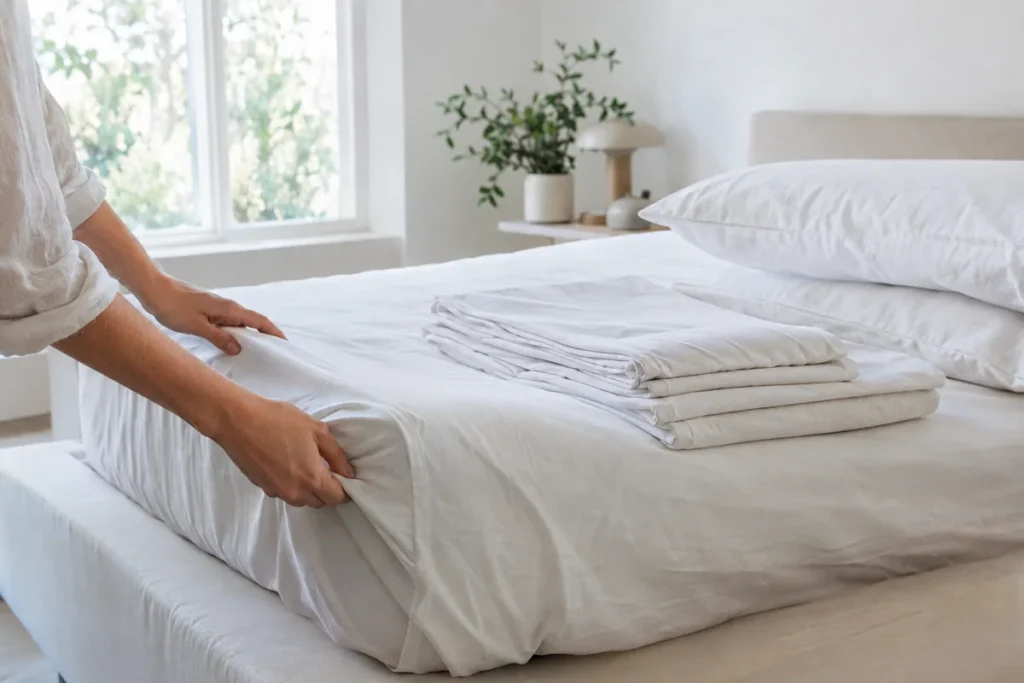 Hands folding a white fitted sheet into a neat rectangle on a bed