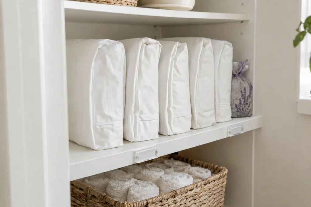 Sheet sets stored inside matching pillowcases on a linen closet shelf