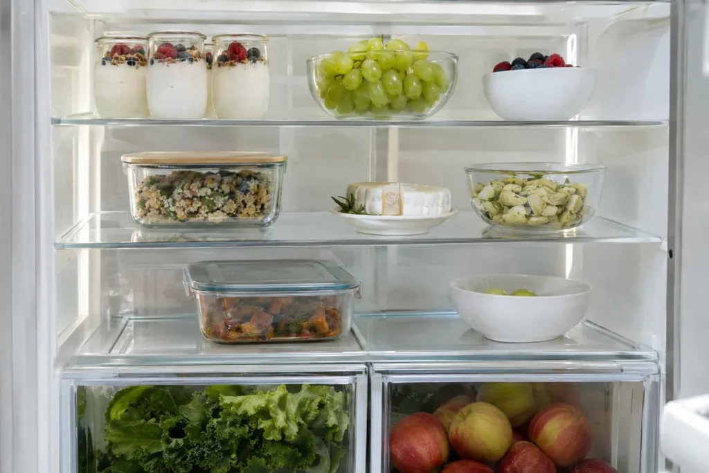 Organized fridge shelves with jars, containers and crisper drawers