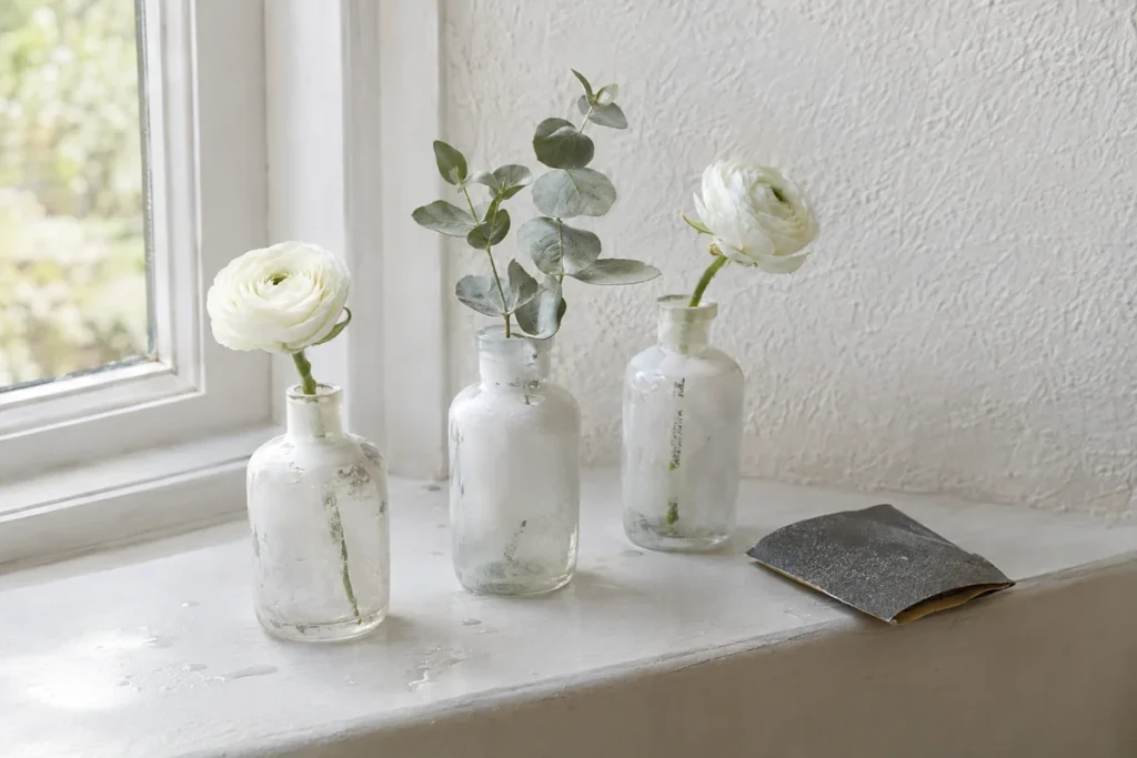 Three frosted glass jar bud vases with single stems on a sunny windowsill