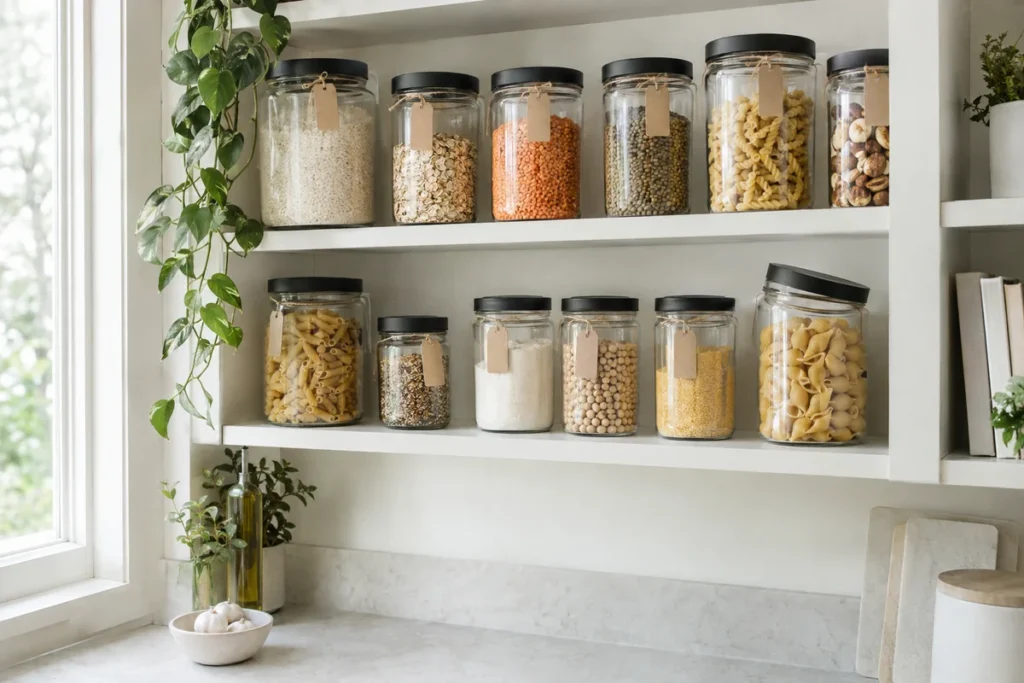 Upcycled glass jars with matching black lids organized on a bright pantry shelf