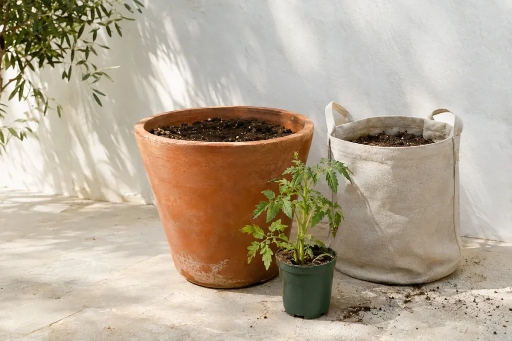 Large terracotta pot and grow bag ready for planting tomatoes