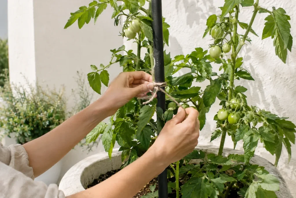 Hands tying a container tomato plant to a metal stake