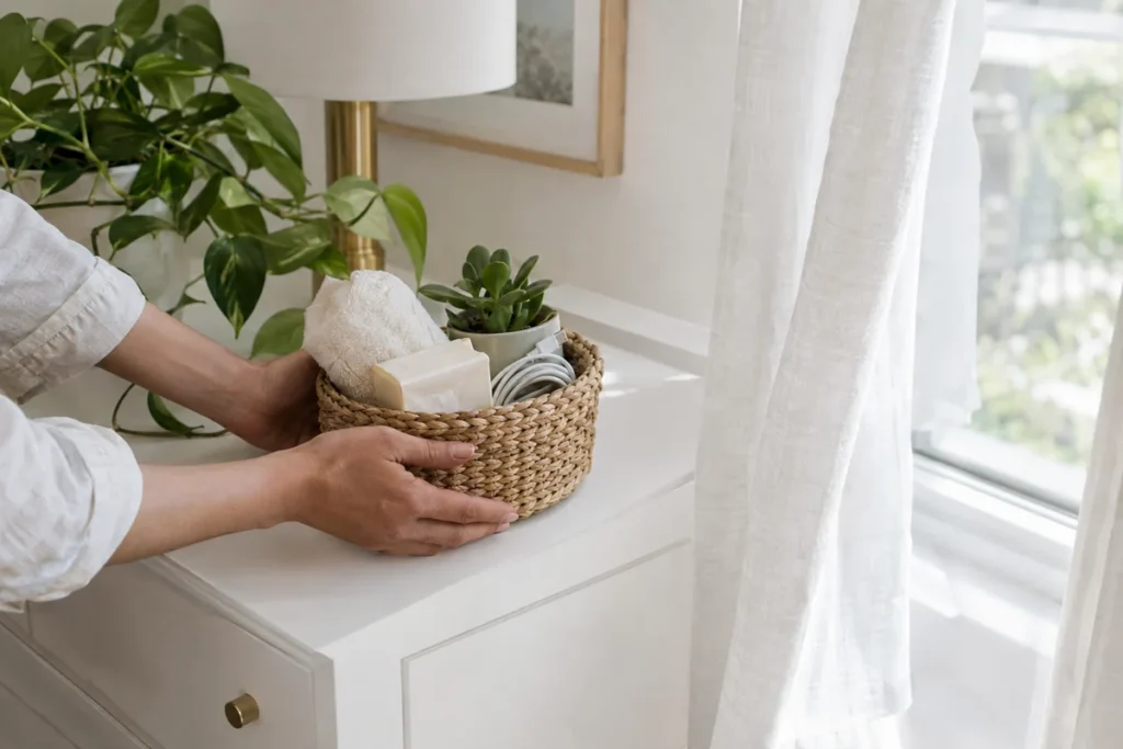 Hands placing a welcome basket with towel and soap in a guest room