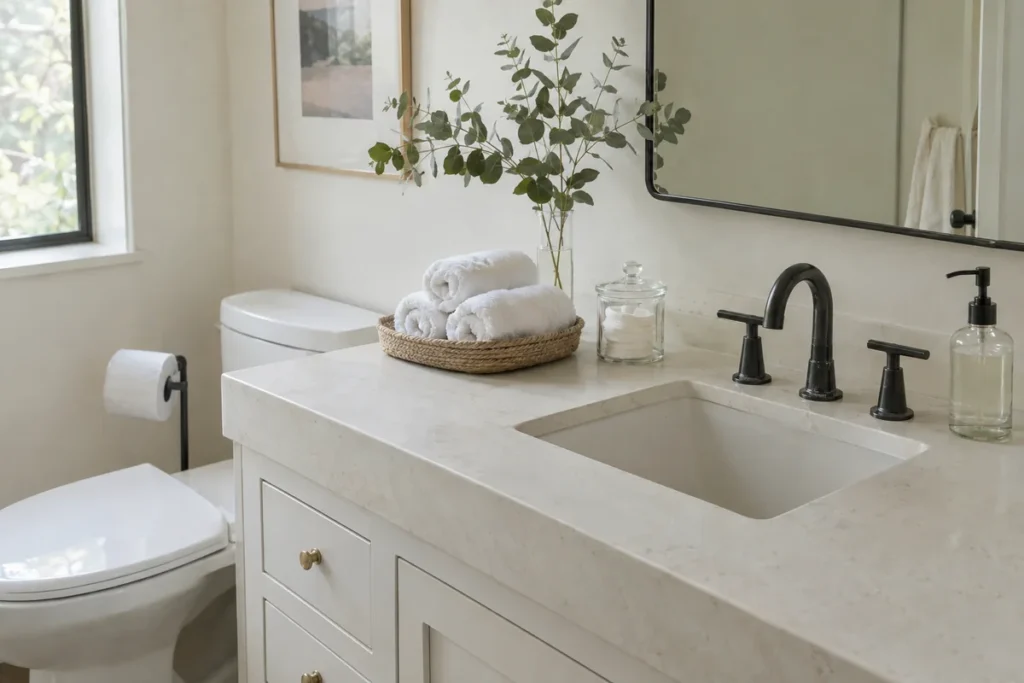 Clean guest bathroom with rolled towels and spare toilet paper ready